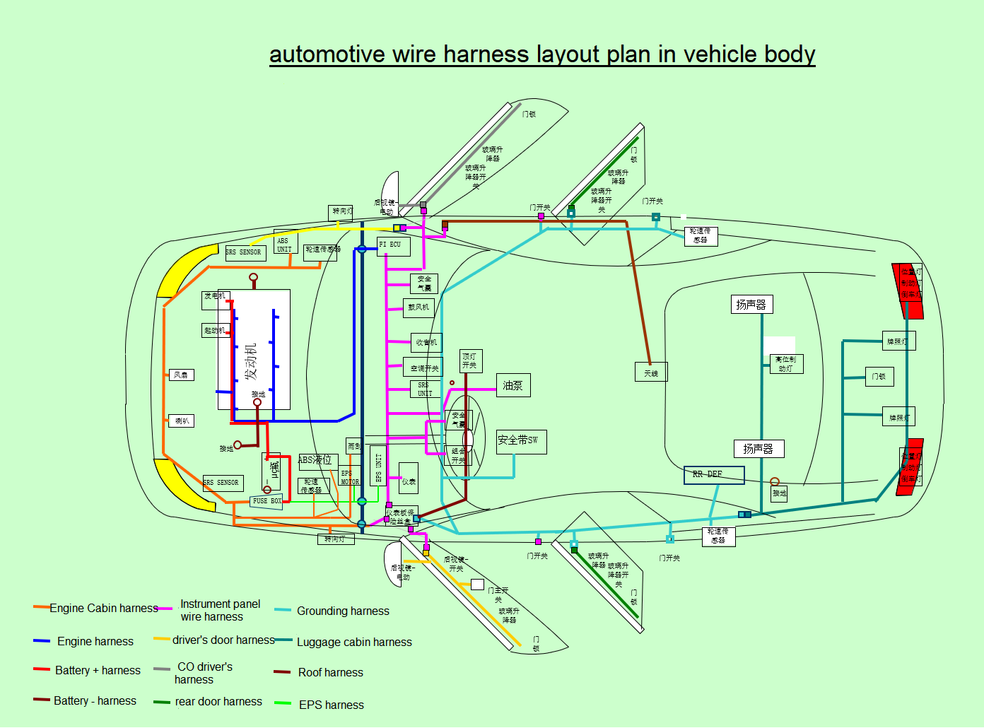 automotive wire harness layout plan in vehicle body 汽车线束车身平面布局图